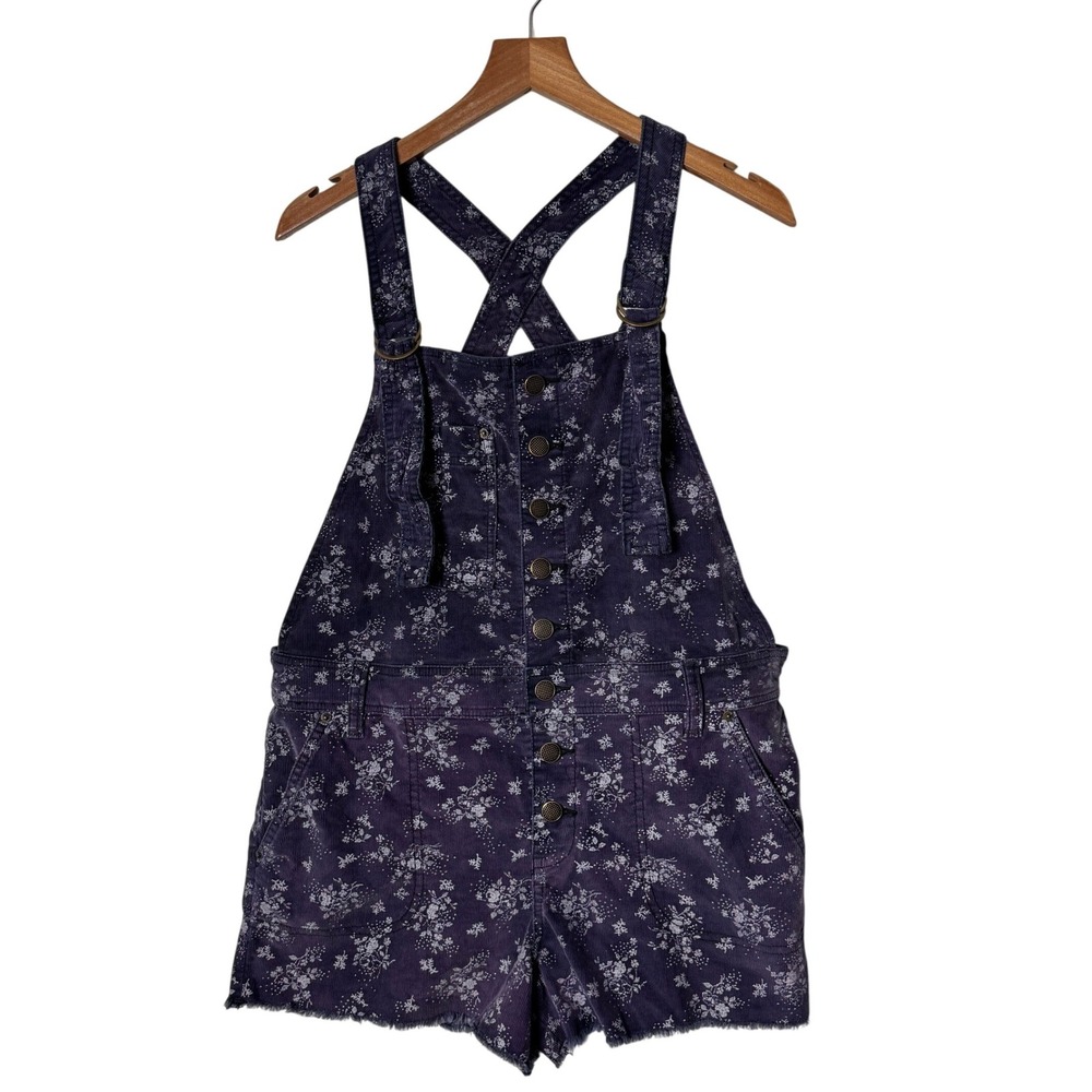 Free People Purple Floral Corduroy Shortalls Button Front Short Overalls Size 8